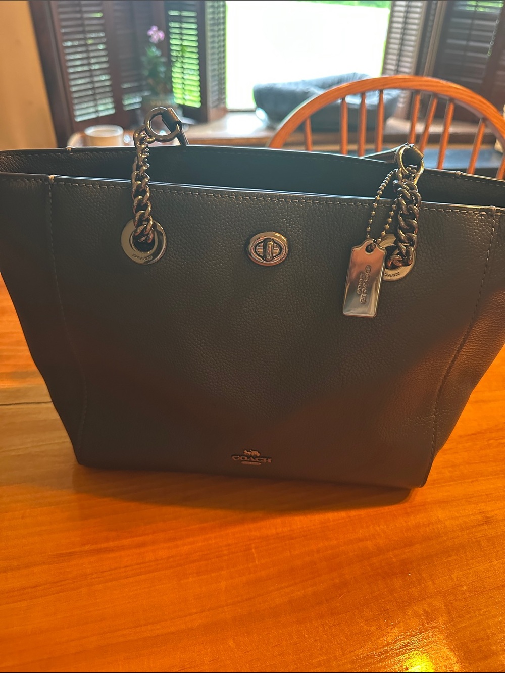 Coach Black Pebbled Leather Tote with Chain Trim